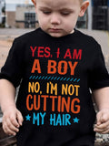 Boys' Yes, I Am A Boy Graphic T-Shirt - Red & Blue Letter Print Short Sleeve Tee, Breathable Summer Casual Top for Youngsters, Regular Fit Round Neck, Boy Clothes